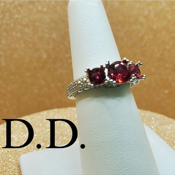 14K White Gold  over 925 Stainless 3 Stone Round Cut Ruby - Picture 4 of 6